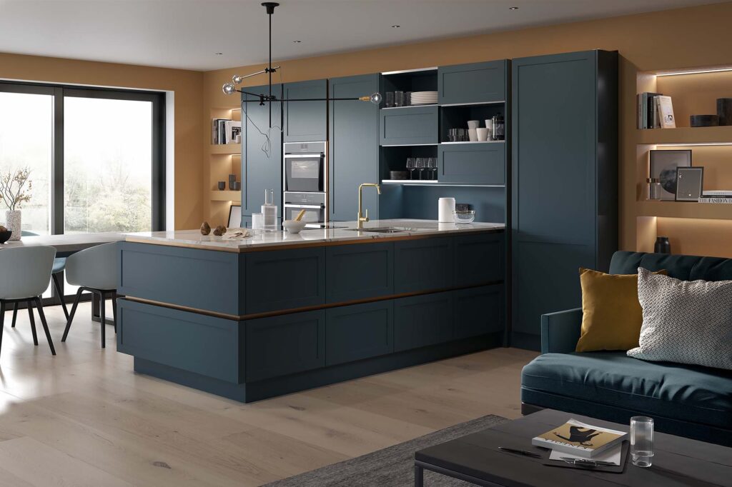 Caledonia Kitchens Devoran Handleless Smooth Painted Mey Blue