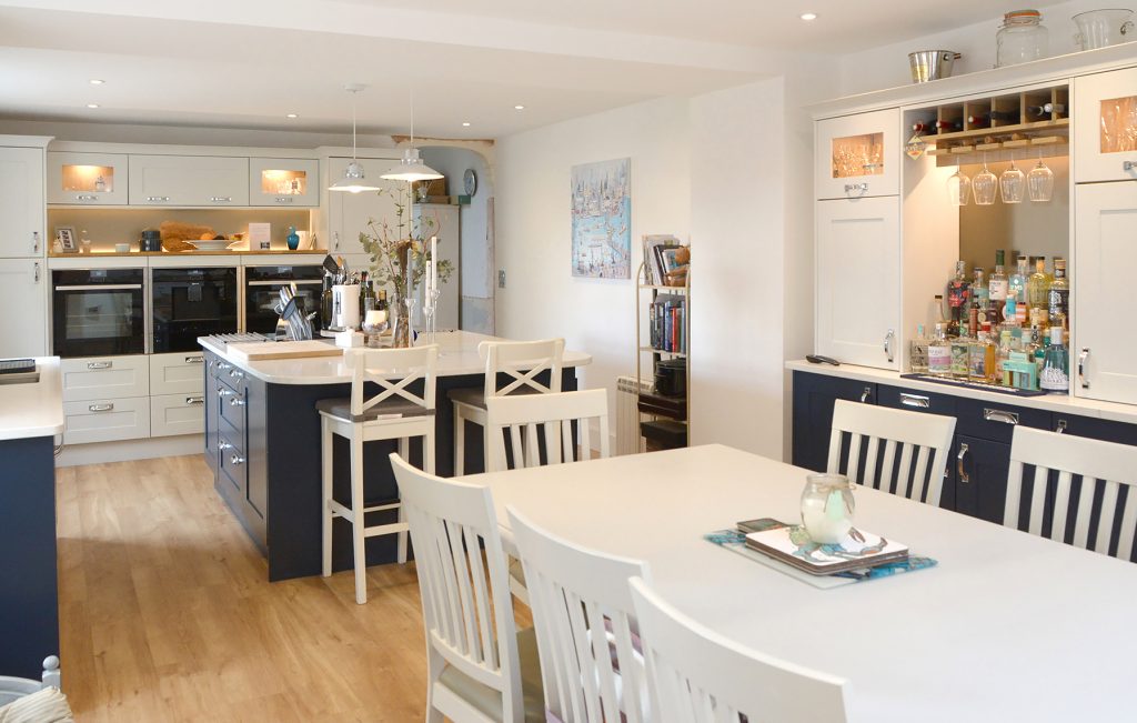 Now Kitchens Marlborough Silk Painted in Scots Grey and Oxford Blue Porthleven Cornwall