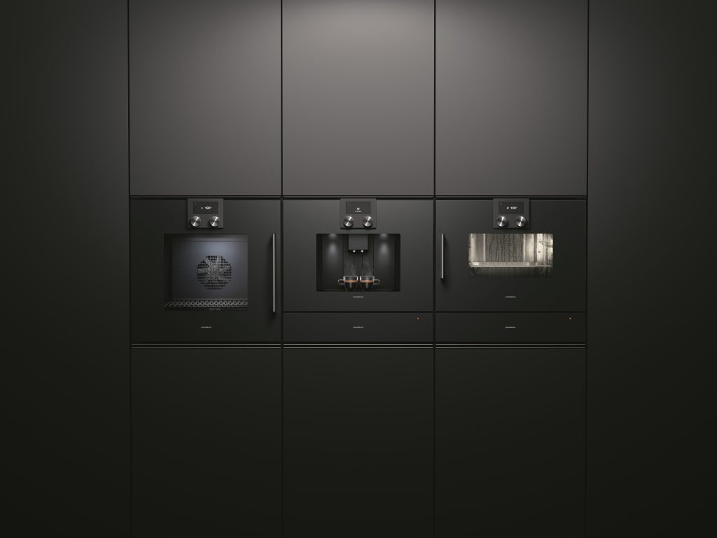 Innovative Luxury Gaggenau Appliances in Cornwall. Gagnenau 200 series oven, warming drawers, steam oven and coffee machine.